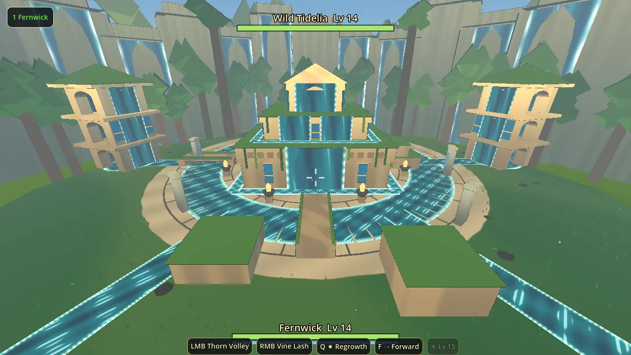 A temple courtyard ringed by channels of bright running water, with terraces and waterfalls behind it.