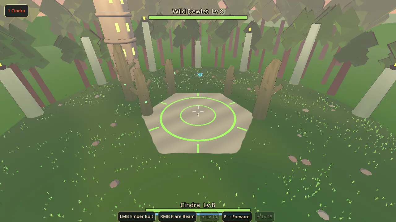 A grassy glade seen from above the duel: standing stones around a hexagonal stone dais with a glowing ring on it.