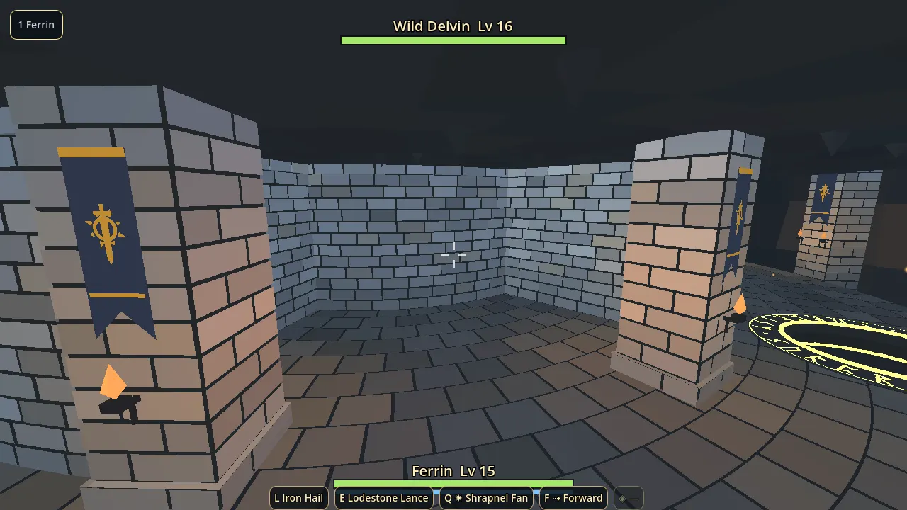Brick maze walls with a hanging banner and a torch, and a glowing ring on the floor.