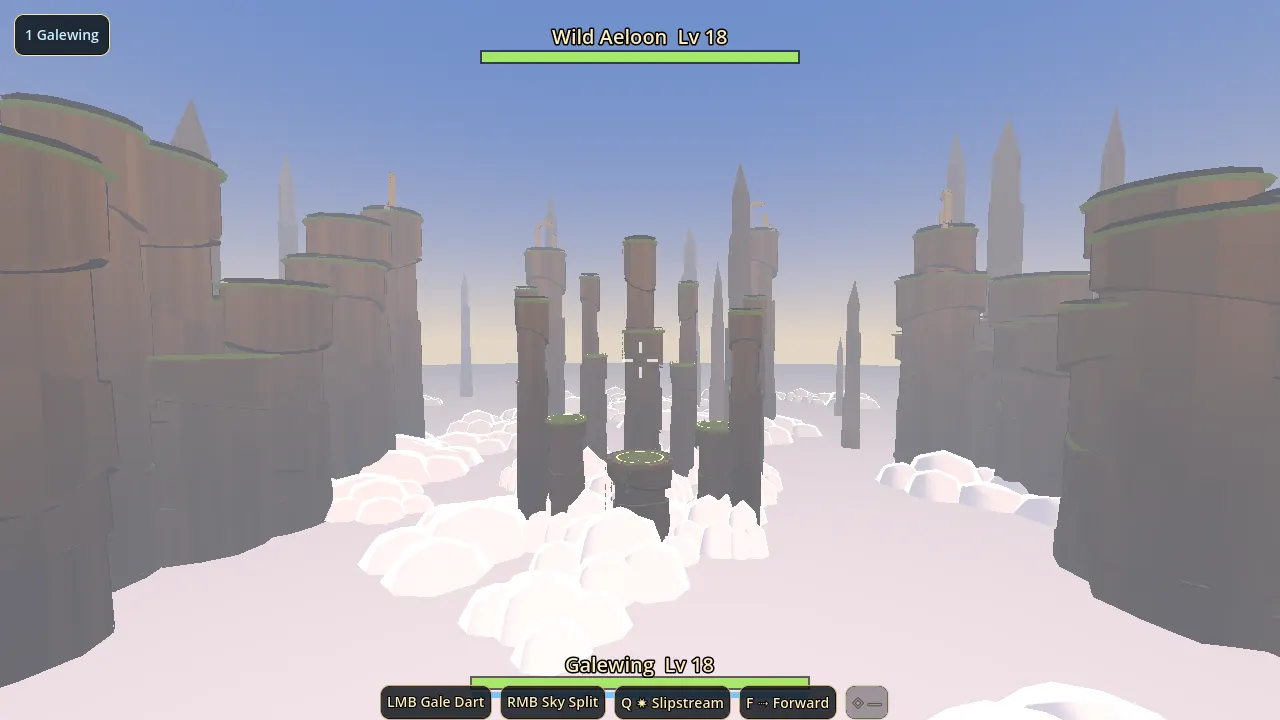 Rock columns standing out of a cloud sea, with a cluster of dark towers at the centre.