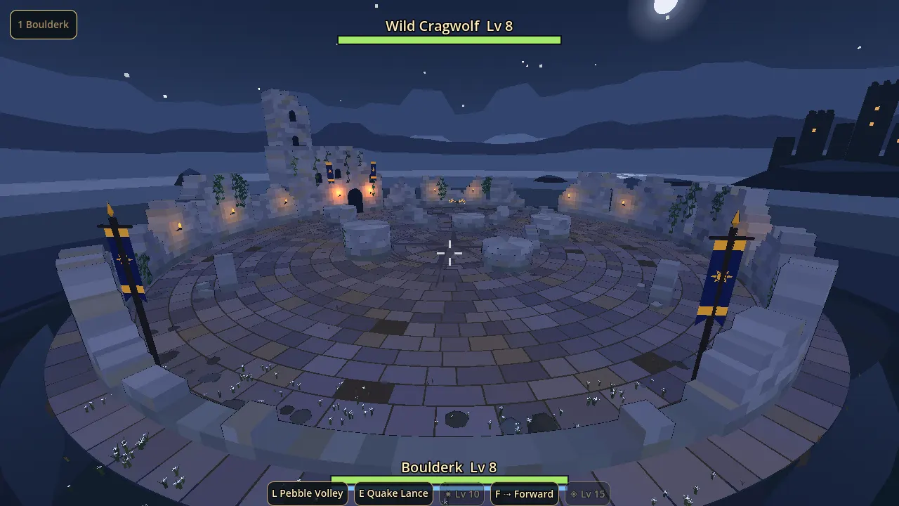 A ring of broken stone walls with lit torches at night, seen from inside a duel.