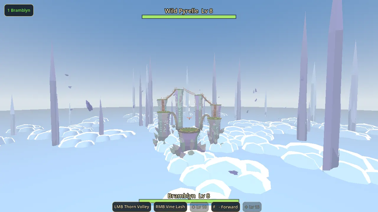 Pale spires rising out of cloud, with a rope bridge strung between two of them.