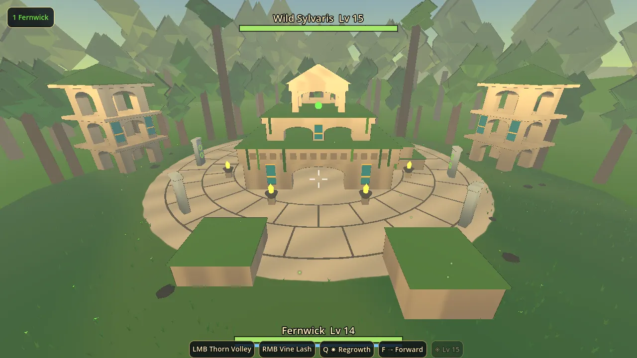 A sandstone temple with palm trees, seen across a round paved plaza from inside a duel.
