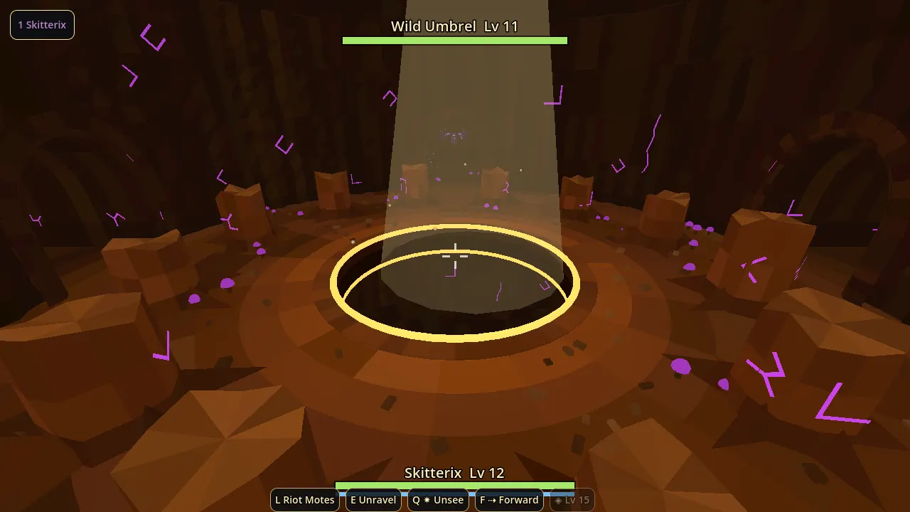 An orange rock chamber lit by a single shaft of light falling onto a glowing ring.