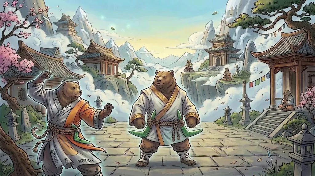 Concept painting: two bears in monks’ robes on a stone path among cloud-wrapped pagodas.