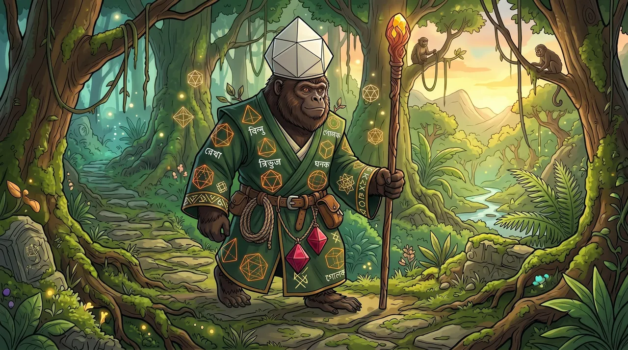 Concept painting: Master Baptiste, a gorilla in green robes and a tall pale hat, holding a staff in the jungle.
