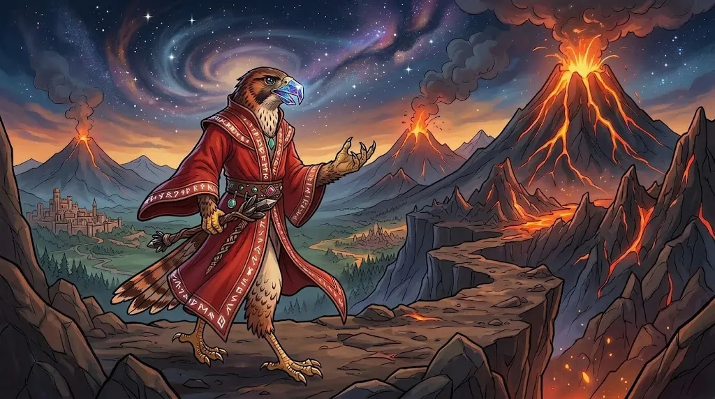 Concept painting: a hawk in a red wizard’s robe before an erupting volcano.