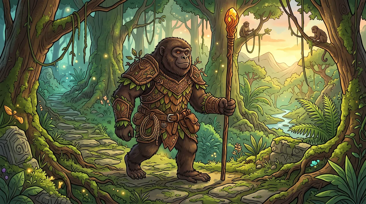 Concept painting: a gorilla in leaf armour holding a staff in a sunlit jungle.