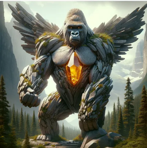 A great ape built from living scree and grey stone, gold light in its cracks, feathered stone wings at its back.