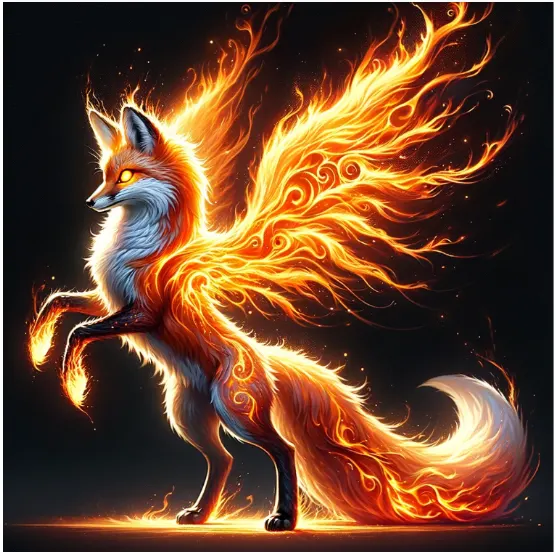 An ember fox rearing on its hind legs, its mane and three tails made of curling live flame, against a dark ground.