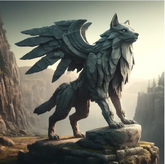 A wolf of grey stone with layered slate wings, standing on a cliff edge above pine forest.