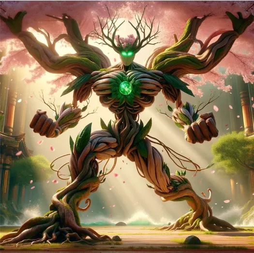 An ancient bough-grown elder tree-creature with a green gem burning at its core.