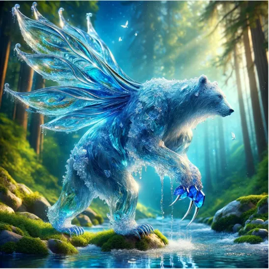A bear of translucent blue ice with crystalline wings, standing in a forest stream.