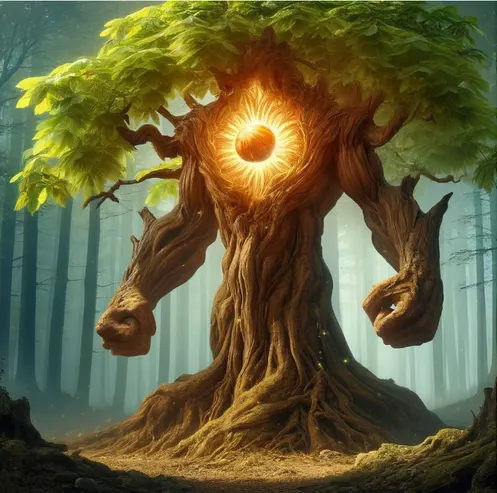 An enormous ancient tree-creature with a warm sun caught glowing in its canopy, roots for feet, standing in a misted wood.