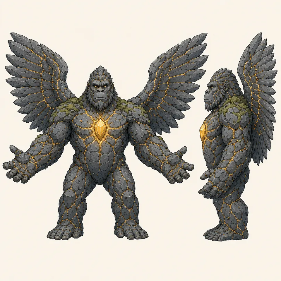 Concept plate of Boulderk, a stone elemental: stone ape.