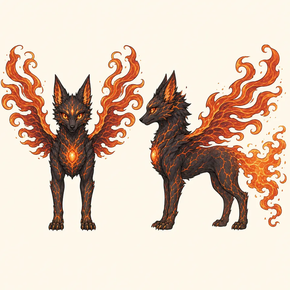 Concept plate of Cindra, a fire elemental: ember fox.
