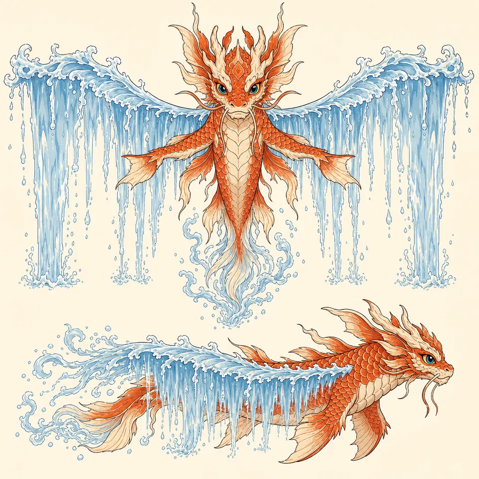Concept plate of Koirin, a water elemental: cascade koi.