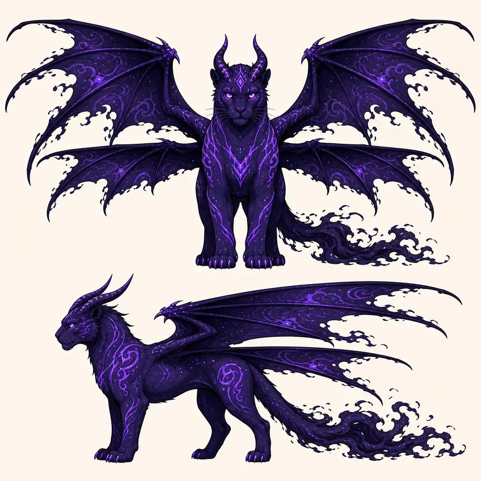 Concept plate of Nyxara, a dark elemental: night panther.