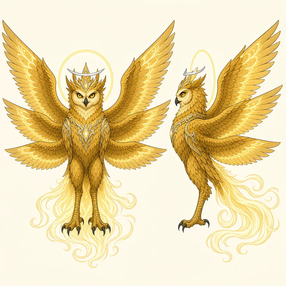 Concept plate of Solriel, a light elemental: radiant owl.