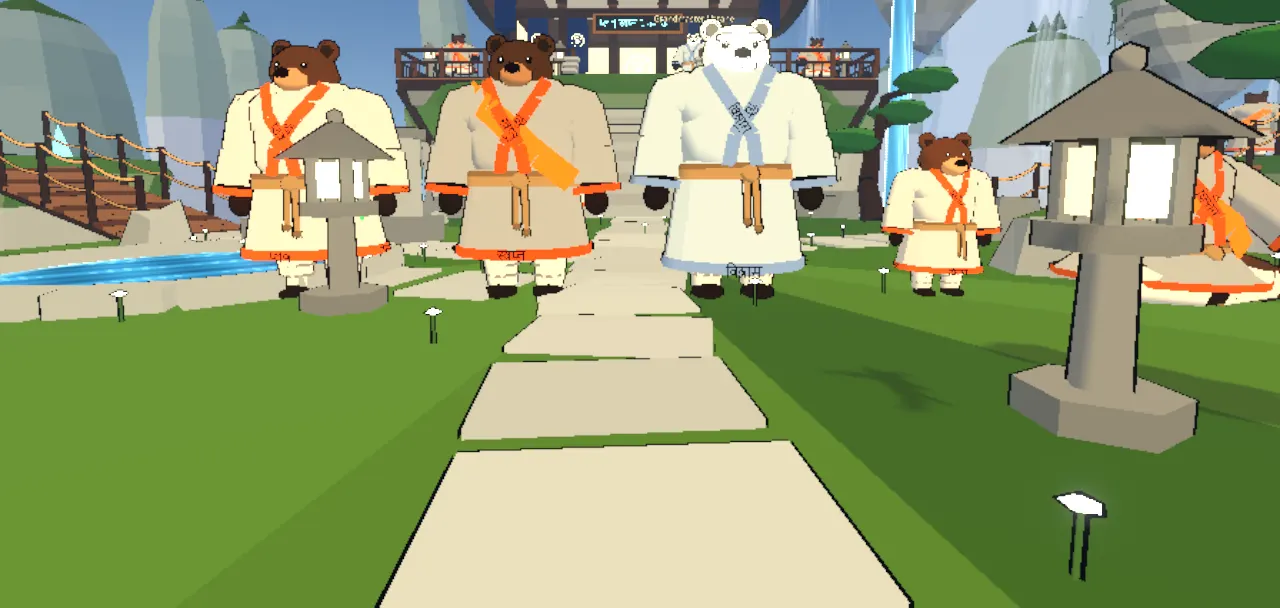 Five bears in white and orange robes standing in a row on a path before a pagoda.