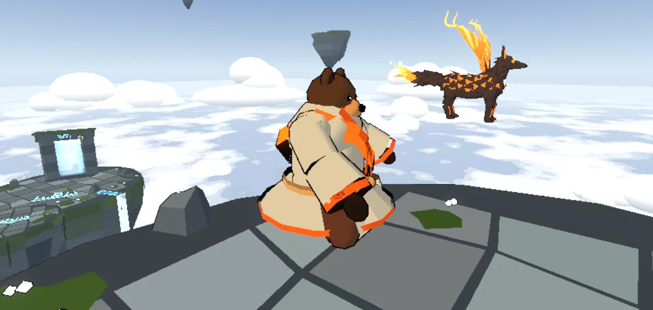 A bear in pale robes sitting on a rock above the clouds, a winged fox hovering nearby.