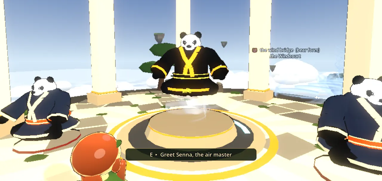 A panda in black and gold robes seated on a round dais under white columns, with panda monks beside it.