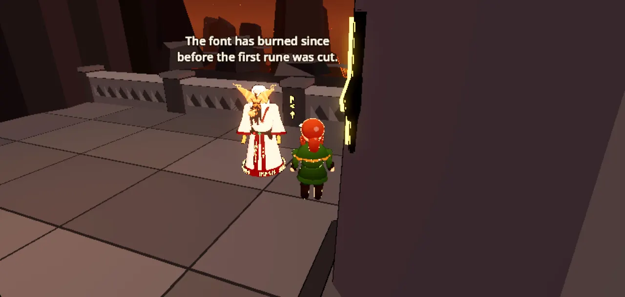 A hawk in white and red robes on a stone terrace of the Aerie, beside the druid.