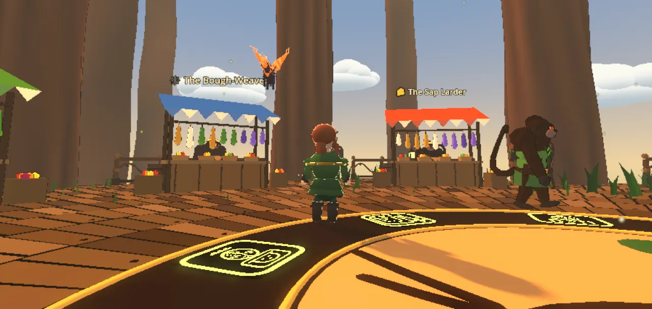 Villagers at striped market stalls on the deck of Canopy Village.