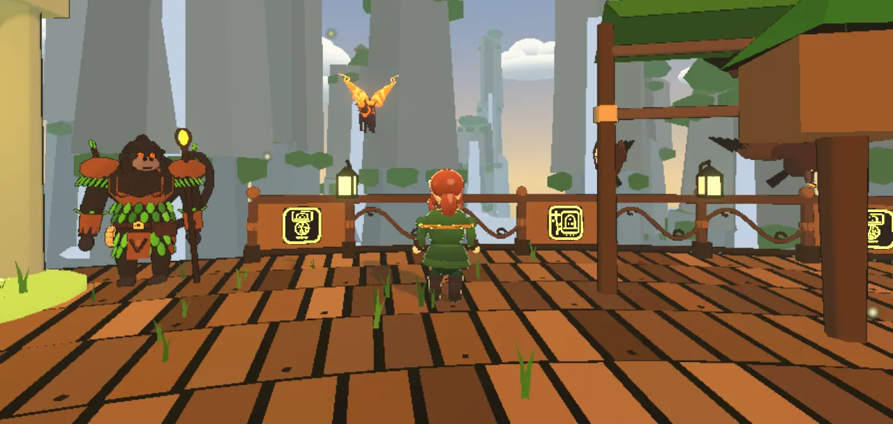 A broad gorilla warden in leaf armour, holding a staff, on a wooden deck beside the druid; stone pillars rise out of mist behind.