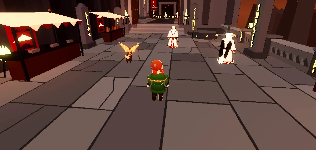A paved market street in a dark stone city, hawk-folk in pale robes among red-awninged stalls.