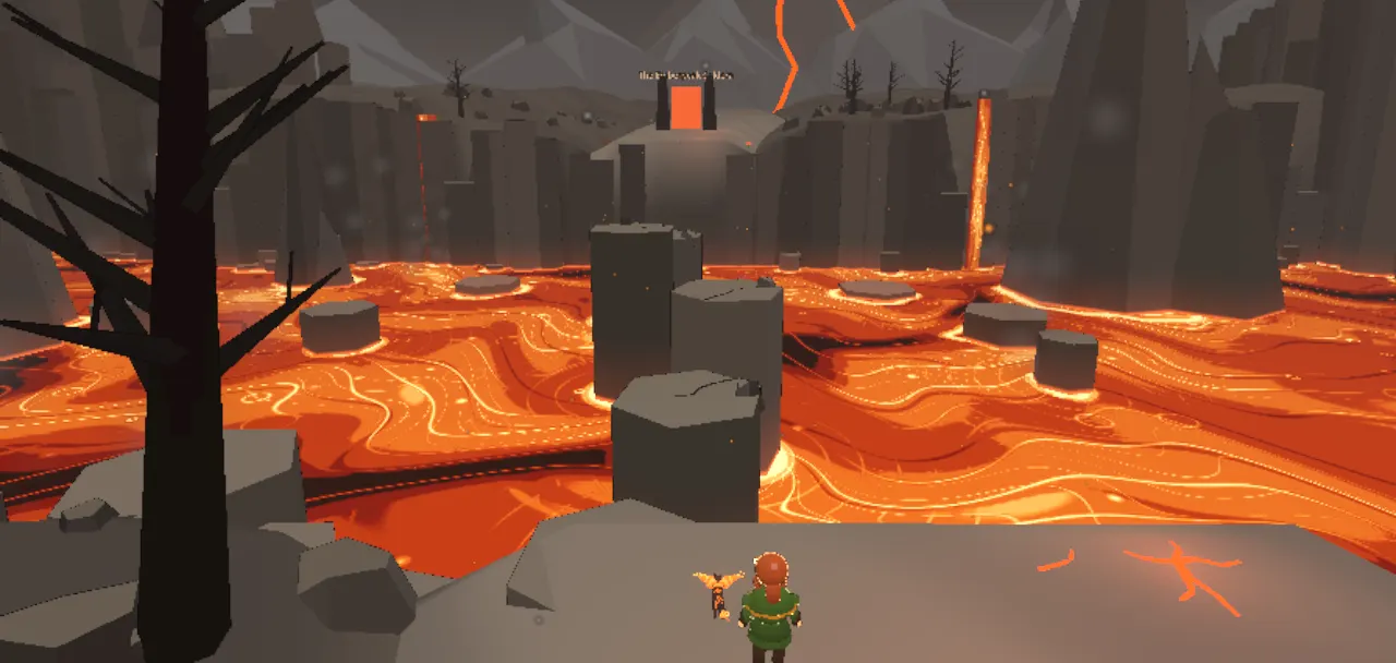 A shore of black rock beside a river of bright lava, a volcano smoking in the distance.