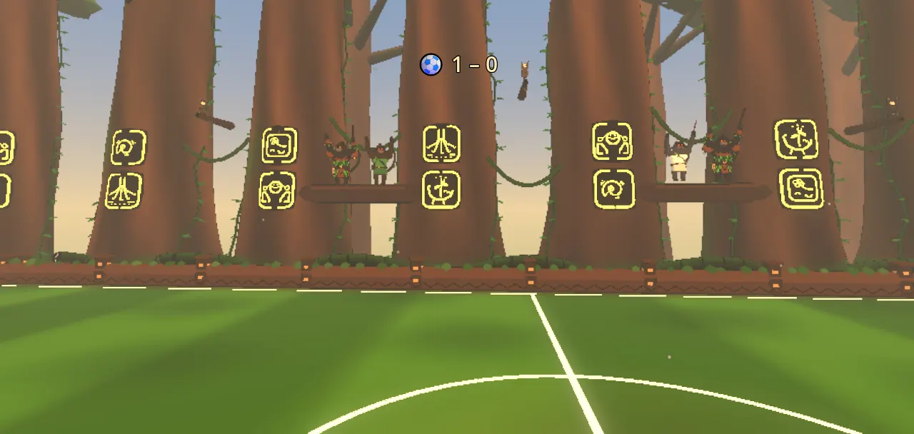 A green pitch marked with white lines, ringed by trunks hung with glowing glyph banners.