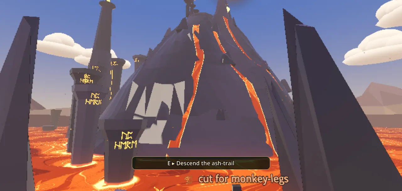 A dark volcano streaked with lava under a blue sky, runes glowing on the rocks at its foot.