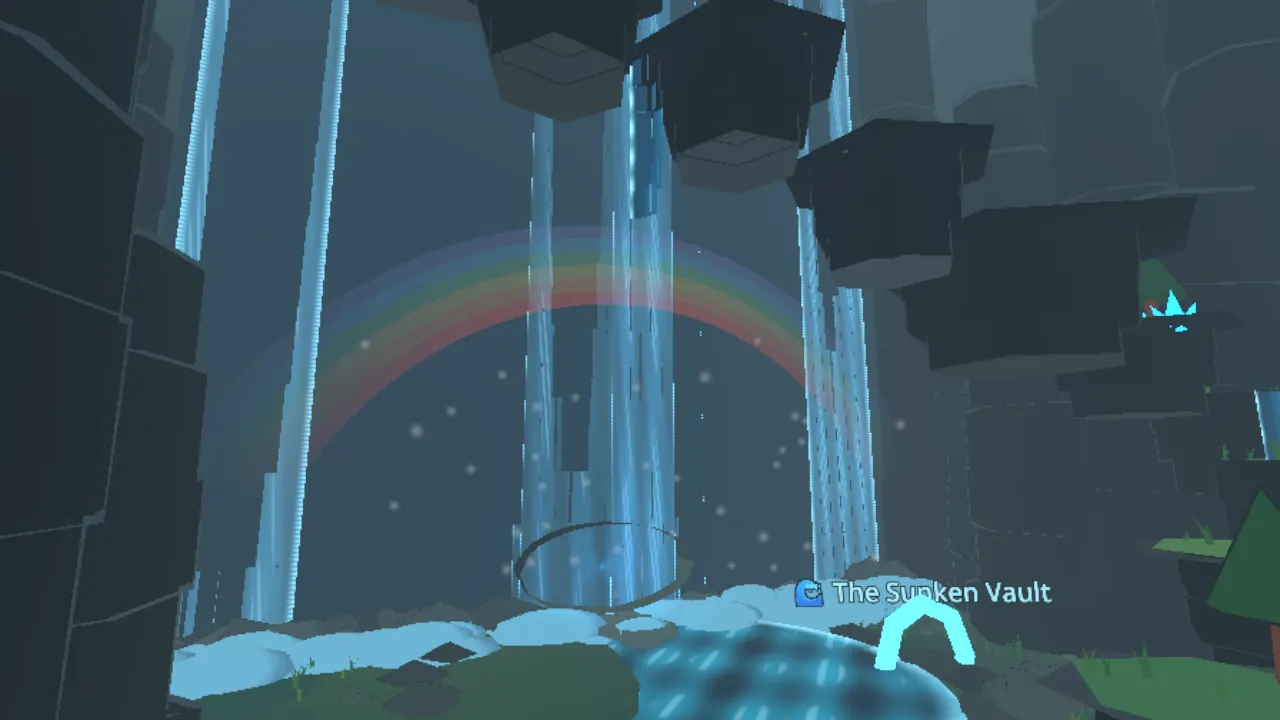 The foot of a tall waterfall in a dark gorge, a rainbow hanging in its spray.