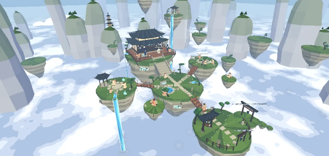 Grassy floating isles joined by bridges above a sea of cloud, a pagoda on the largest.