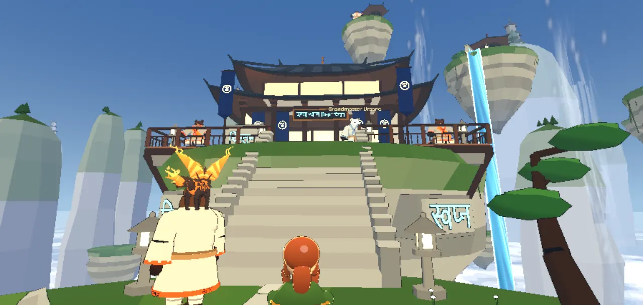 The druid and an Air Bear in a white robe climb stone steps to a blue-roofed pagoda on a floating isle, a waterfall dropping into cloud beside it.