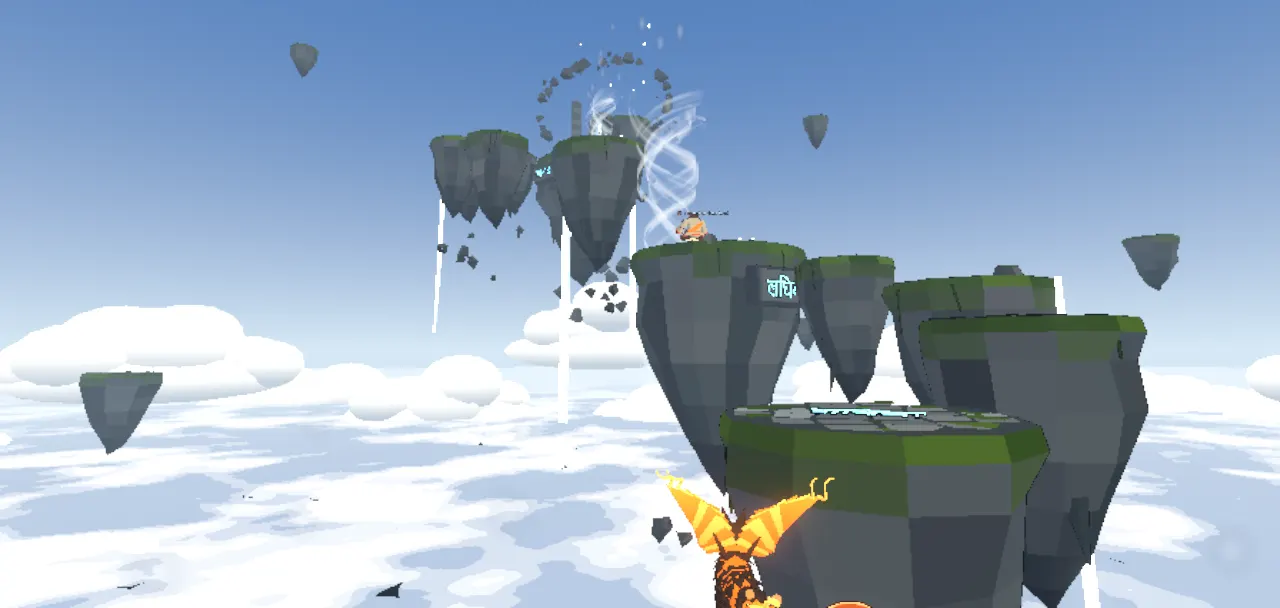 Floating rocks strung across open sky above the clouds, a spiral of wind rising between them.