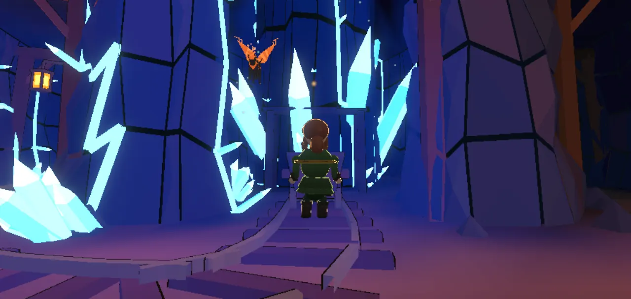 Mine rails running into a cavern of jagged, glowing blue crystal.