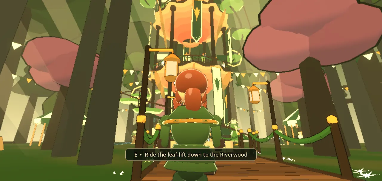 The druid looking up at a great tree hung with lanterns and platforms, between giant pink-capped mushrooms.