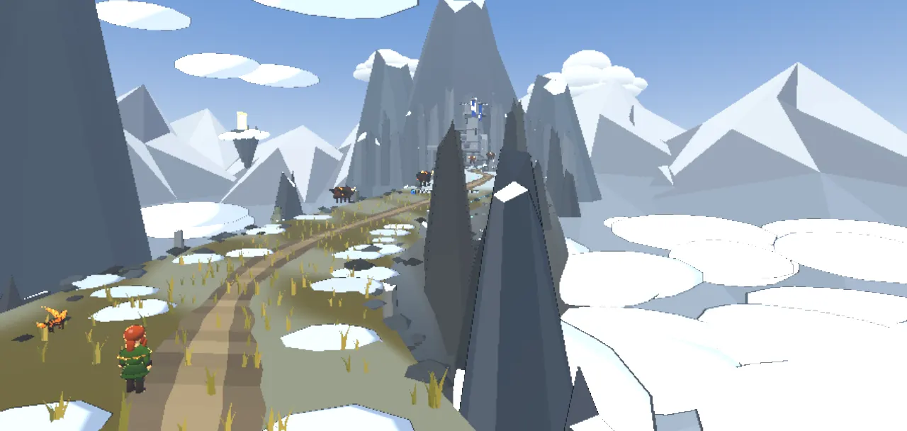A road winding along a snowy ridge toward a small tower, with white peaks all around.