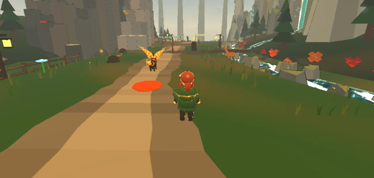 The druid on a dirt road descending through pine trees beside a grey cliff.