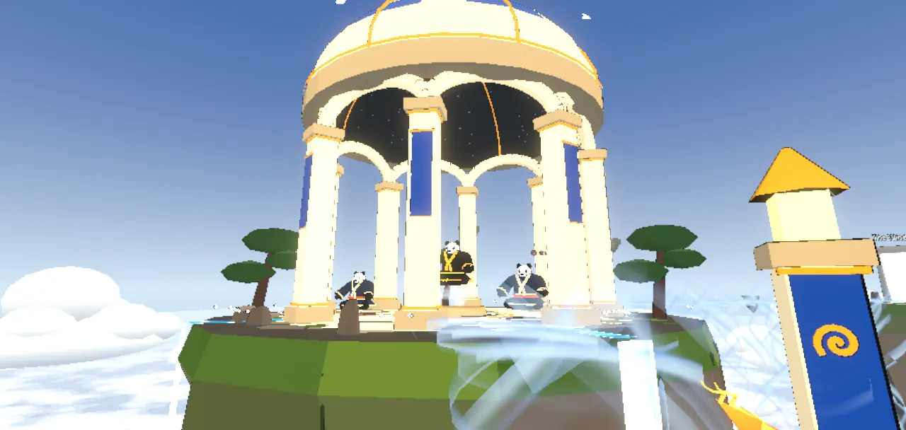 A white rotunda with a gold dome and blue columns on a grassy isle in the sky.