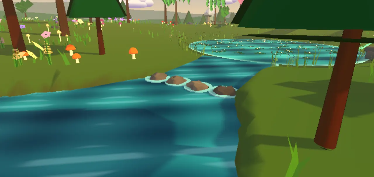 A bright river crossed by stepping stones, running between pines and willows in a green meadow.