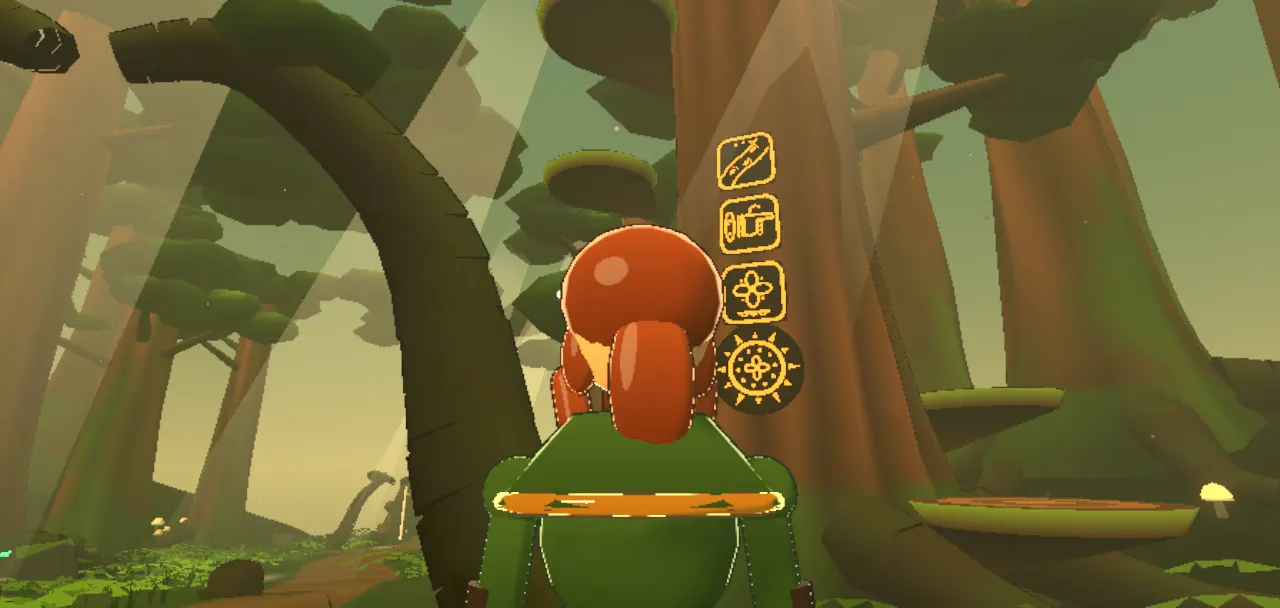 The druid, seen from behind, among giant trunks; one trunk carries a column of glowing carved glyphs.