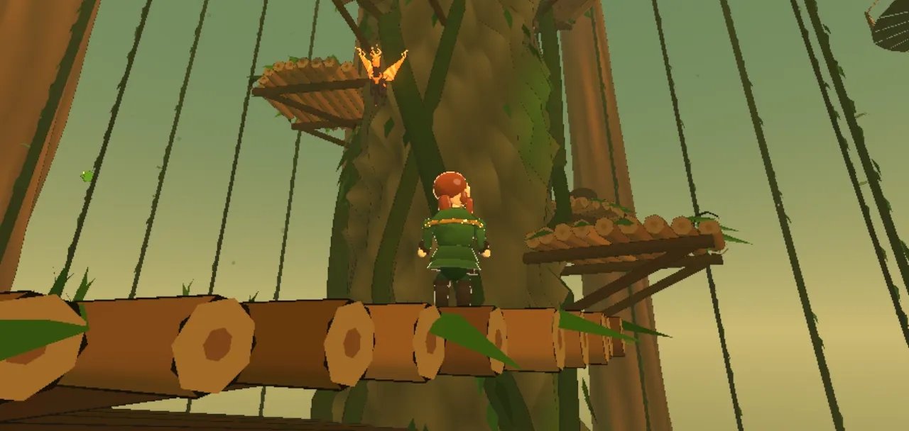 The druid on a ledge of lashed logs partway up a vine-wrapped tree, more platforms spiralling above.