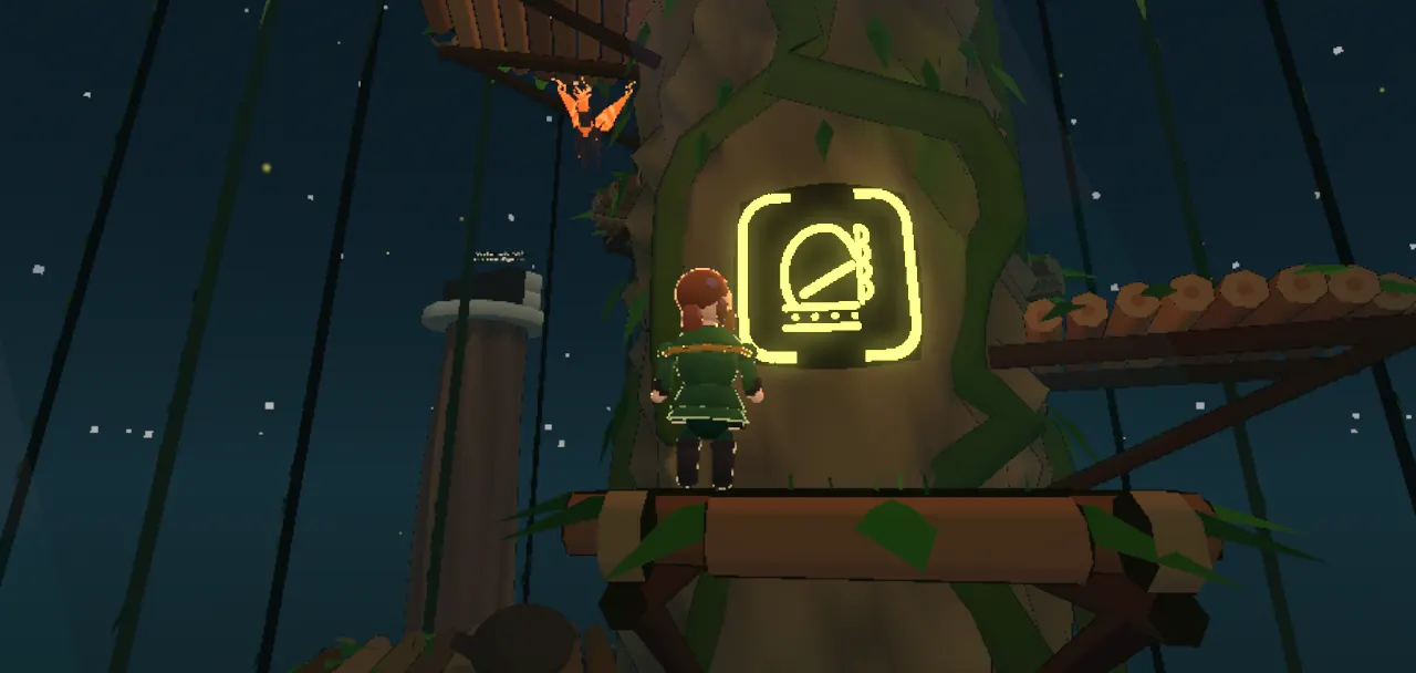 A climb up a vine-wrapped tree under stars, one carved glyph glowing gold on the trunk.