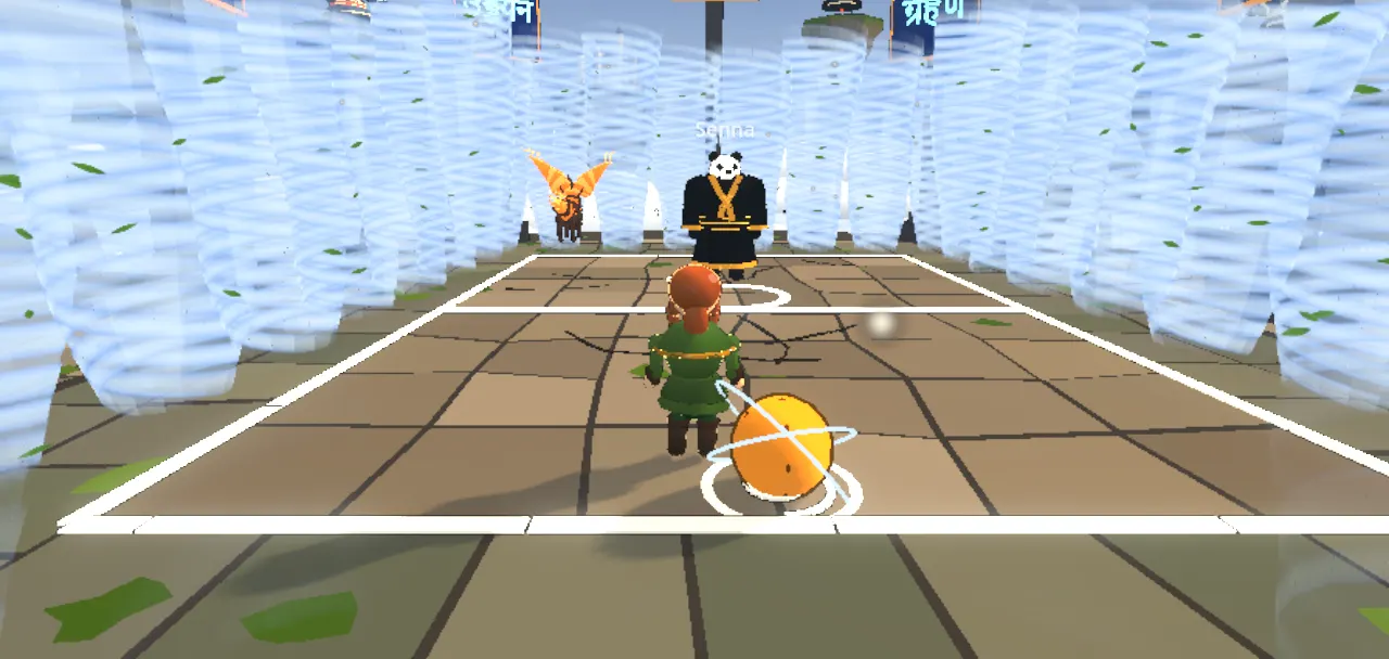 A stone court walled by spinning wind, a ball in play between the druid and a panda in black robes.